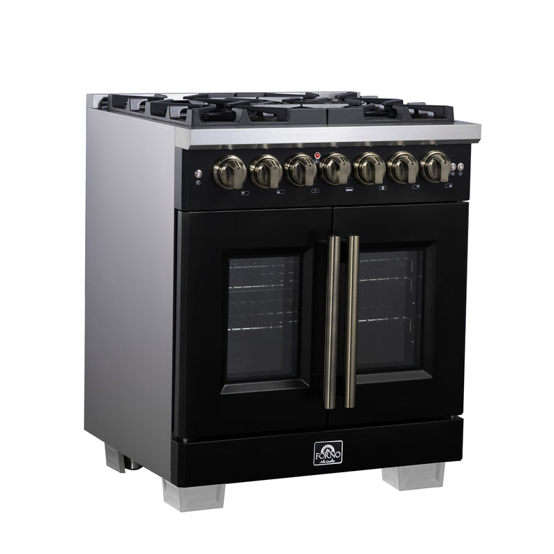 Forno Capriasca 30" Freestanding French Door Dual Fuel Range in Black with 5 Brass Burners, Air Fryer Kit, Rotisserie Kit, Wok Support & Griddle in Black with Antique Brass Accents, FFSGS6387-30BLK