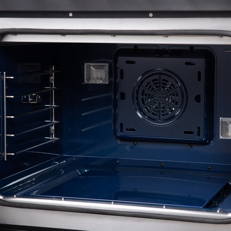 Forno Capriasca 30" Freestanding French Door Dual Fuel Range in Black with 5 Brass Burners, Air Fryer Kit, Rotisserie Kit, Wok Support & Griddle in Black with Antique Brass Accents, FFSGS6387-30BLK