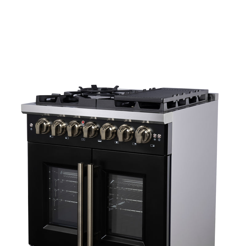 Forno Capriasca 30" Freestanding French Door Dual Fuel Range in Black with 5 Brass Burners, Air Fryer Kit, Rotisserie Kit, Wok Support & Griddle in Black with Antique Brass Accents, FFSGS6387-30BLK