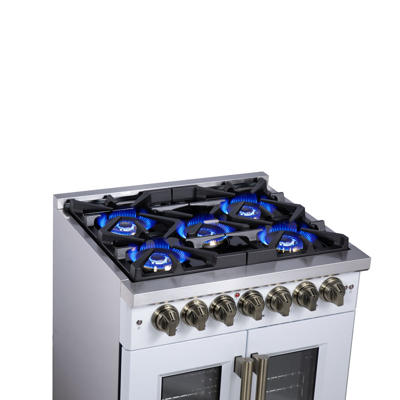 Forno Capriasca 30" Freestanding French Door Dual Fuel Range in White with 5 Brass Burners, Air Fryer Kit, Rotisserie Kit, Wok Support & Griddle in White with Antique Brass Accents, FFSGS6387-30WHT