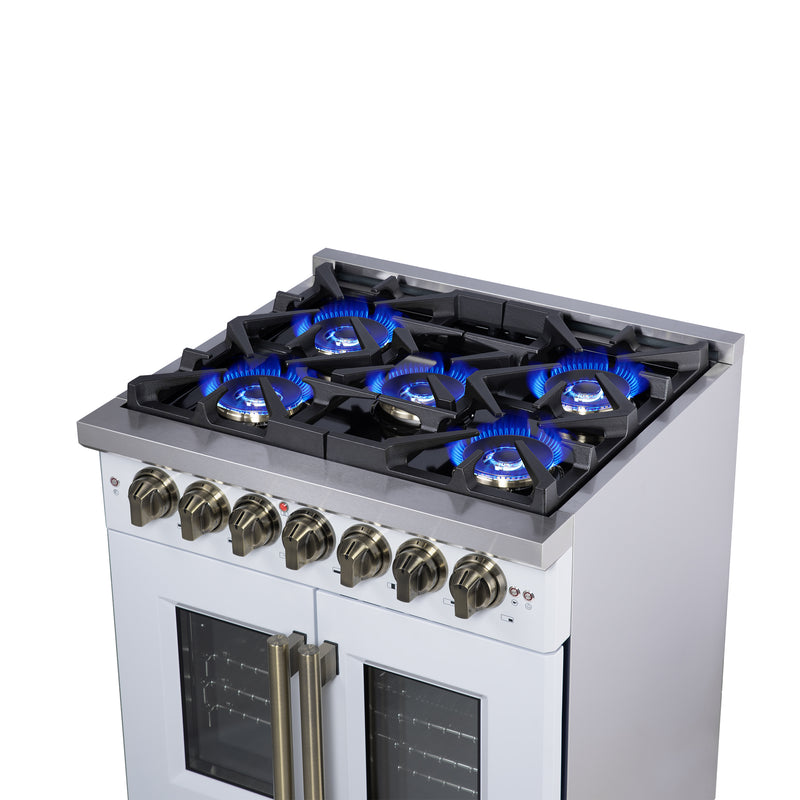 Forno Capriasca 30" Freestanding French Door Dual Fuel Range in White with 5 Brass Burners, Air Fryer Kit, Rotisserie Kit, Wok Support & Griddle in White with Antique Brass Accents, FFSGS6387-30WHT