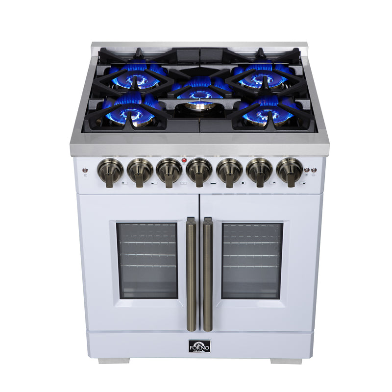 Forno Capriasca 30" Freestanding French Door Dual Fuel Range in White with 5 Brass Burners, Air Fryer Kit, Rotisserie Kit, Wok Support & Griddle in White with Antique Brass Accents, FFSGS6387-30WHT