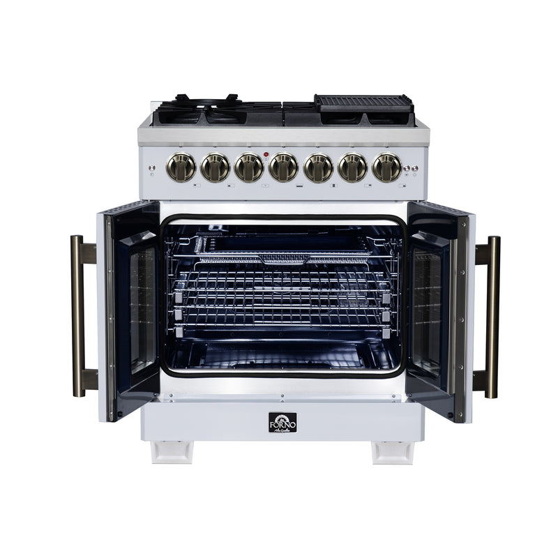 Forno Capriasca 30" Freestanding French Door Dual Fuel Range in White with 5 Brass Burners, Air Fryer Kit, Rotisserie Kit, Wok Support & Griddle in White with Antique Brass Accents, FFSGS6387-30WHT