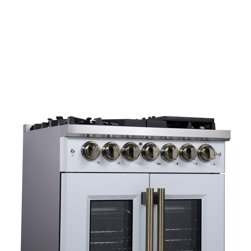 Forno Capriasca 30" Freestanding French Door Dual Fuel Range in White with 5 Brass Burners, Air Fryer Kit, Rotisserie Kit, Wok Support & Griddle in White with Antique Brass Accents, FFSGS6387-30WHT