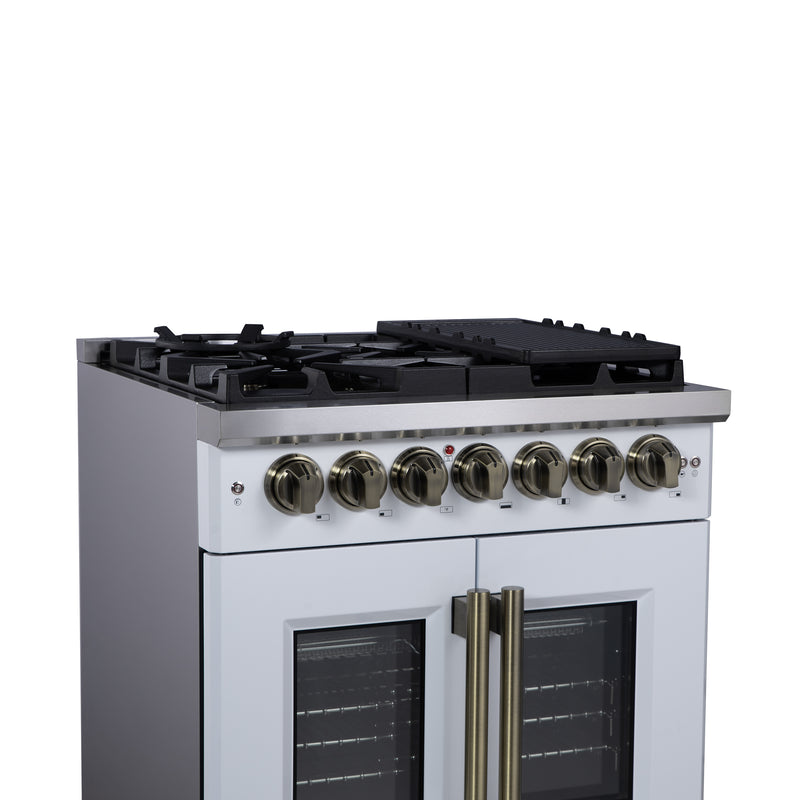 Forno Capriasca 30" Freestanding French Door Dual Fuel Range in White with 5 Brass Burners, Air Fryer Kit, Rotisserie Kit, Wok Support & Griddle in White with Antique Brass Accents, FFSGS6387-30WHT