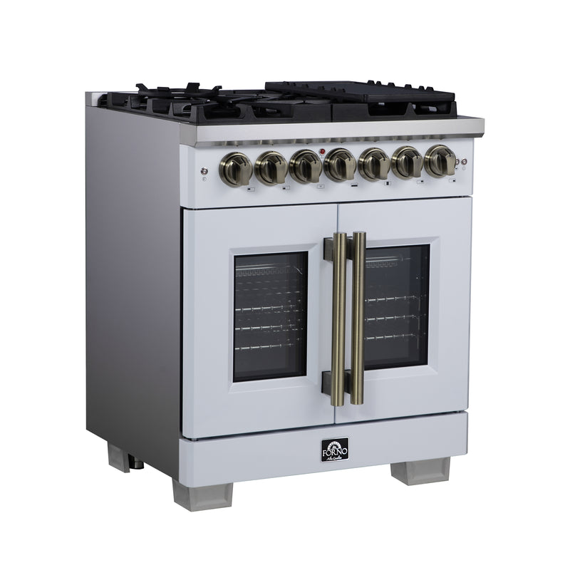 Forno Capriasca 30" Freestanding French Door Dual Fuel Range in White with 5 Brass Burners, Air Fryer Kit, Rotisserie Kit, Wok Support & Griddle in White with Antique Brass Accents, FFSGS6387-30WHT