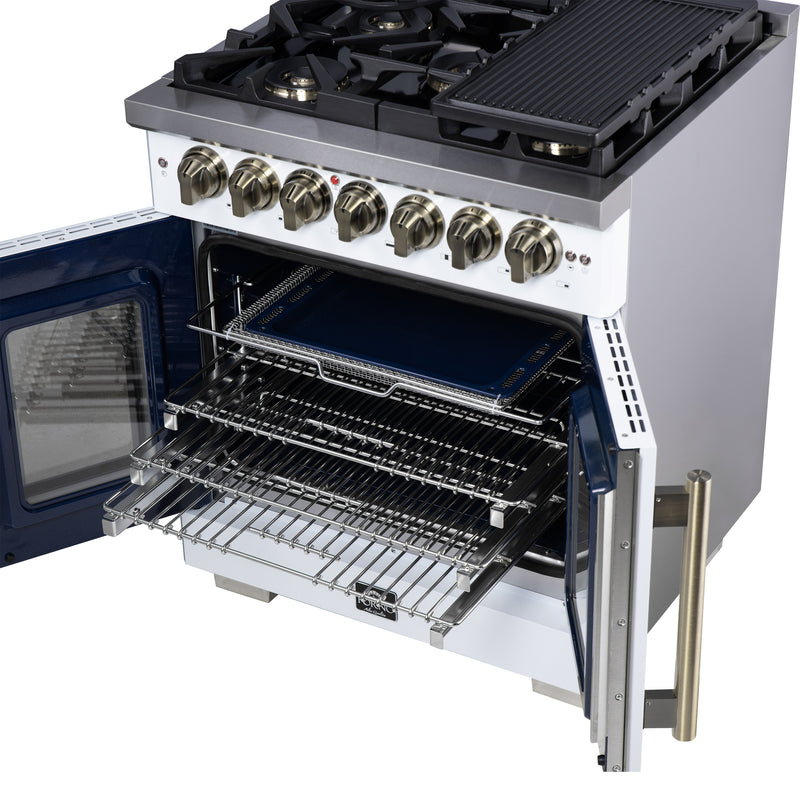 Forno Capriasca 30" Freestanding French Door Dual Fuel Range in White with 5 Brass Burners, Air Fryer Kit, Rotisserie Kit, Wok Support & Griddle in White with Antique Brass Accents, FFSGS6387-30WHT