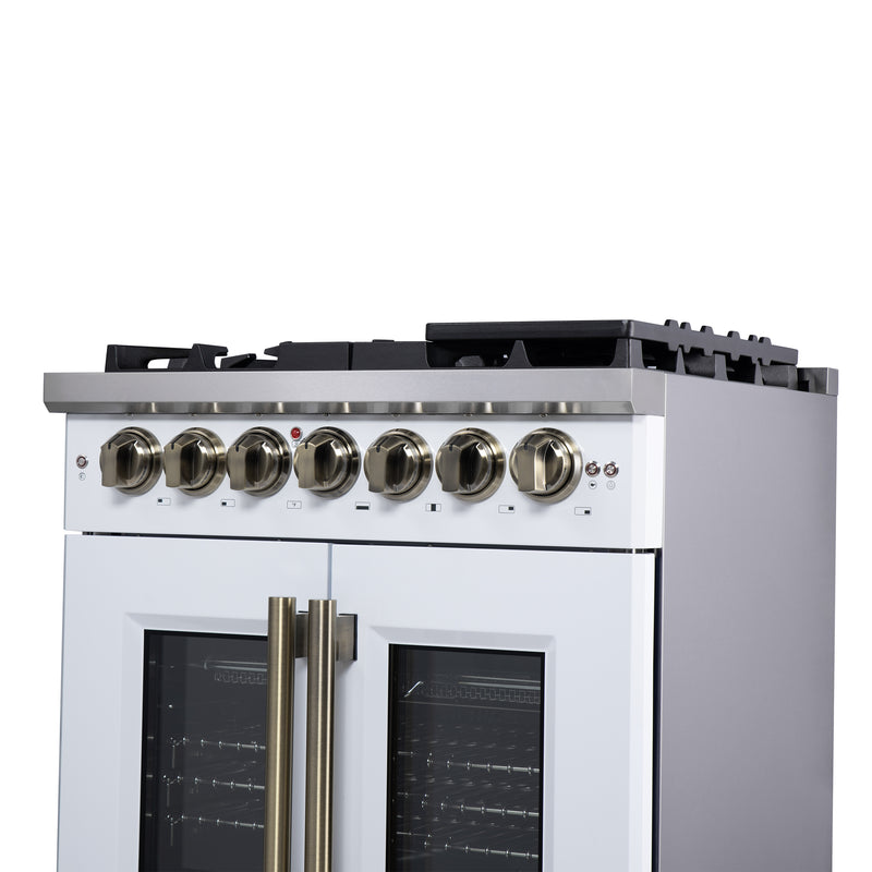 Forno Capriasca 30" Freestanding French Door Dual Fuel Range in White with 5 Brass Burners, Air Fryer Kit, Rotisserie Kit, Wok Support & Griddle in White with Antique Brass Accents, FFSGS6387-30WHT