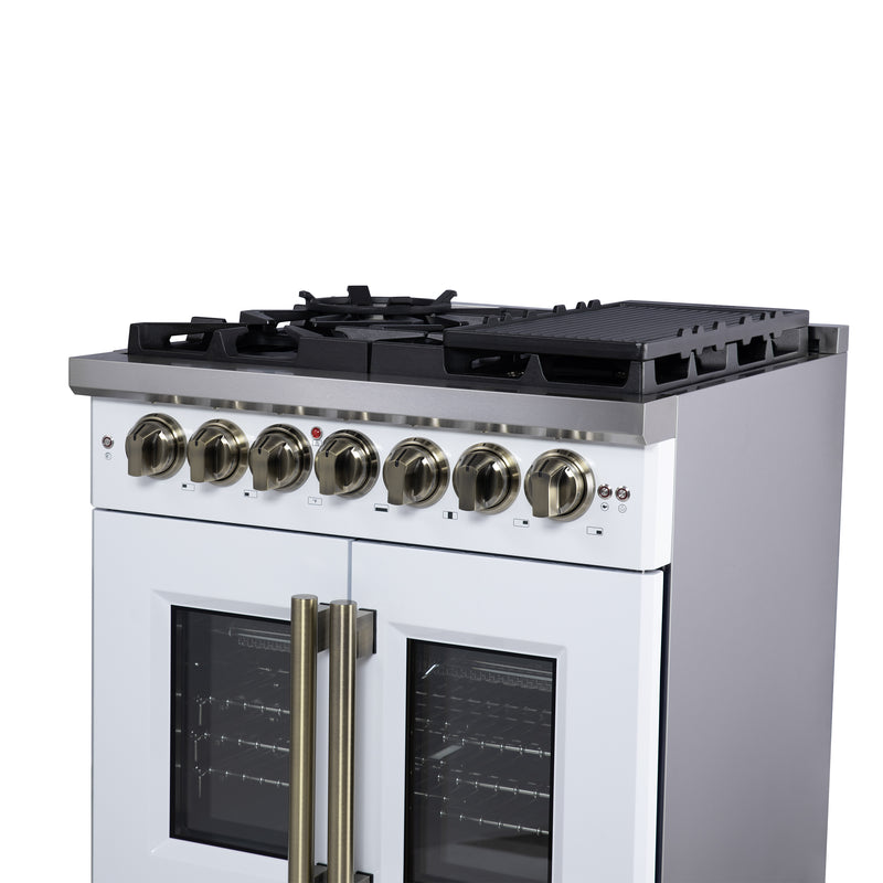 Forno Capriasca 30" Freestanding French Door Dual Fuel Range in White with 5 Brass Burners, Air Fryer Kit, Rotisserie Kit, Wok Support & Griddle in White with Antique Brass Accents, FFSGS6387-30WHT