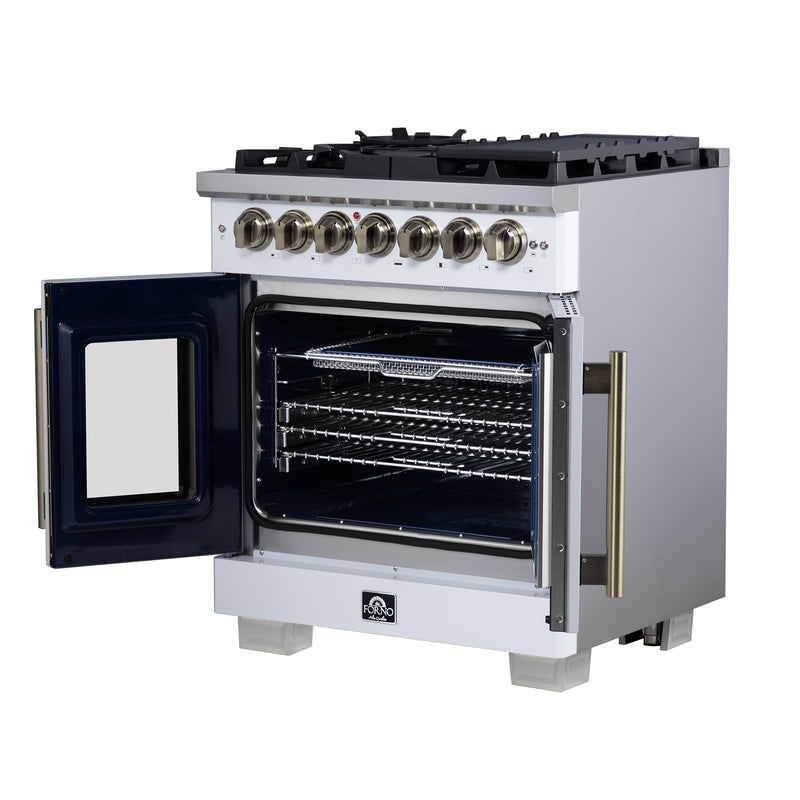 Forno Capriasca 30" Freestanding French Door Dual Fuel Range in White with 5 Brass Burners, Air Fryer Kit, Rotisserie Kit, Wok Support & Griddle in White with Antique Brass Accents, FFSGS6387-30WHT