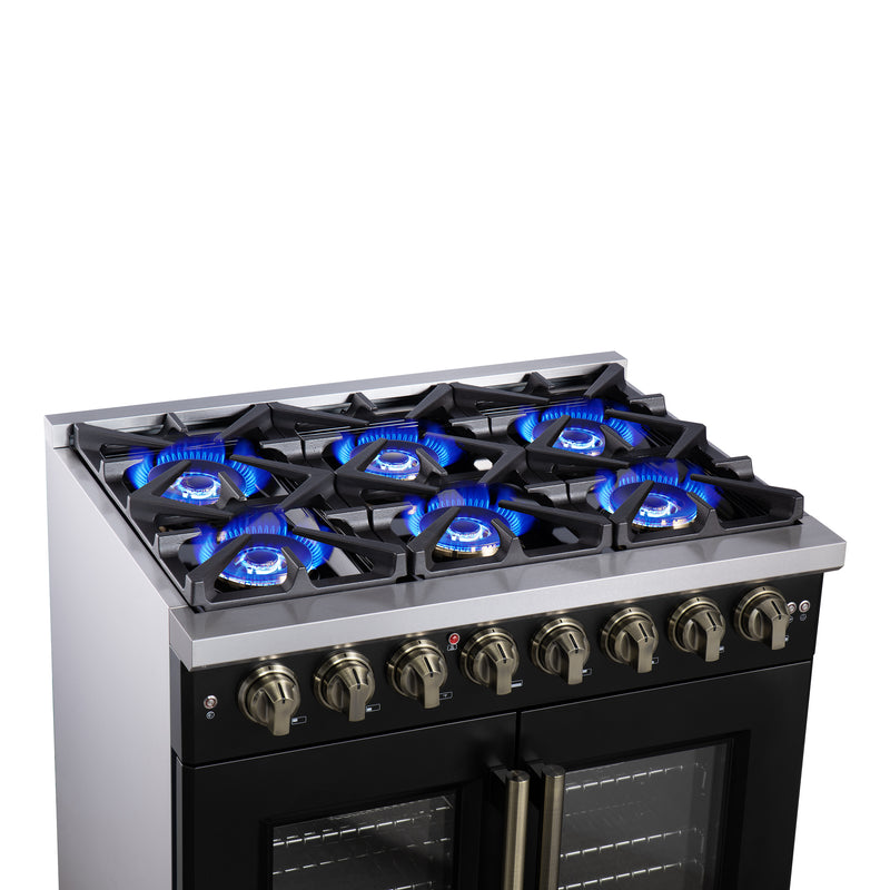 Forno Capriasca 36" 5.36 cu. ft. Dual Fuel Range with 6 Brass Burners, Air Fryer Kit, Rotisserie Kit, Wok Support & Griddle in Black with Antique Brass Handles, FFSGS6387-36BLK