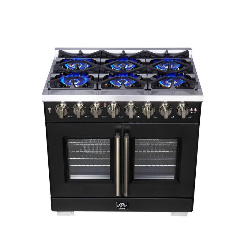 Forno Capriasca 36" 5.36 cu. ft. Dual Fuel Range with 6 Brass Burners, Air Fryer Kit, Rotisserie Kit, Wok Support & Griddle in Black with Antique Brass Handles, FFSGS6387-36BLK