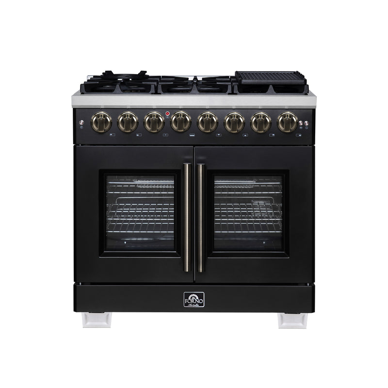 Forno Capriasca 36" 5.36 cu. ft. Dual Fuel Range with 6 Brass Burners, Air Fryer Kit, Rotisserie Kit, Wok Support & Griddle in Black with Antique Brass Handles, FFSGS6387-36BLK