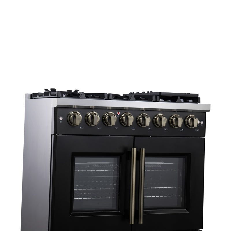 Forno Capriasca 36" 5.36 cu. ft. Dual Fuel Range with 6 Brass Burners, Air Fryer Kit, Rotisserie Kit, Wok Support & Griddle in Black with Antique Brass Handles, FFSGS6387-36BLK