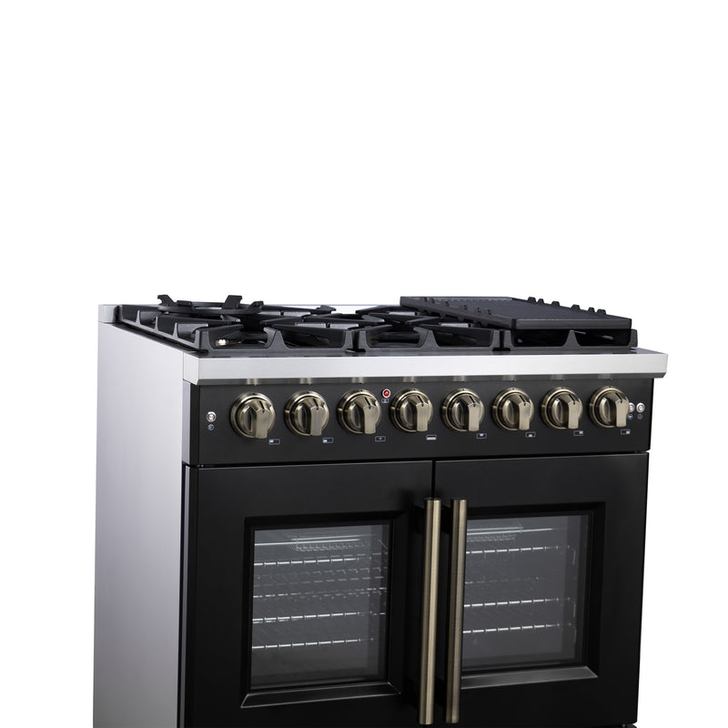 Forno Capriasca 36" 5.36 cu. ft. Dual Fuel Range with 6 Brass Burners, Air Fryer Kit, Rotisserie Kit, Wok Support & Griddle in Black with Antique Brass Handles, FFSGS6387-36BLK
