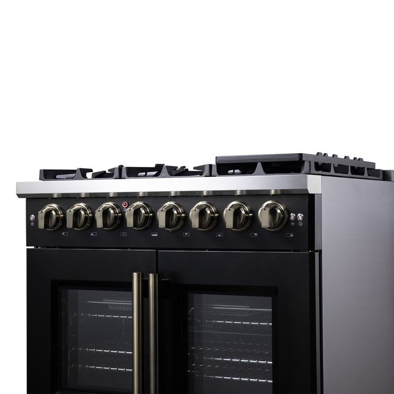 Forno Capriasca 36" 5.36 cu. ft. Dual Fuel Range with 6 Brass Burners, Air Fryer Kit, Rotisserie Kit, Wok Support & Griddle in Black with Antique Brass Handles, FFSGS6387-36BLK