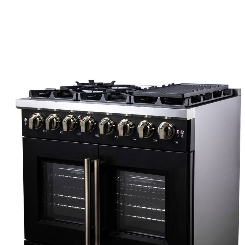 Forno Capriasca 36" 5.36 cu. ft. Dual Fuel Range with 6 Brass Burners, Air Fryer Kit, Rotisserie Kit, Wok Support & Griddle in Black with Antique Brass Handles, FFSGS6387-36BLK