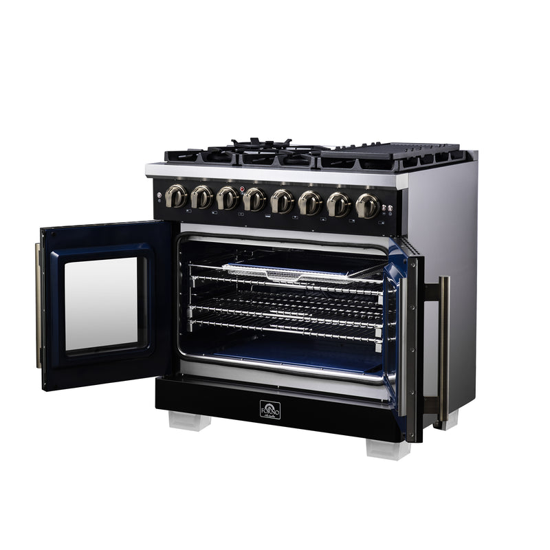 Forno Capriasca 36" 5.36 cu. ft. Dual Fuel Range with 6 Brass Burners, Air Fryer Kit, Rotisserie Kit, Wok Support & Griddle in Black with Antique Brass Handles, FFSGS6387-36BLK