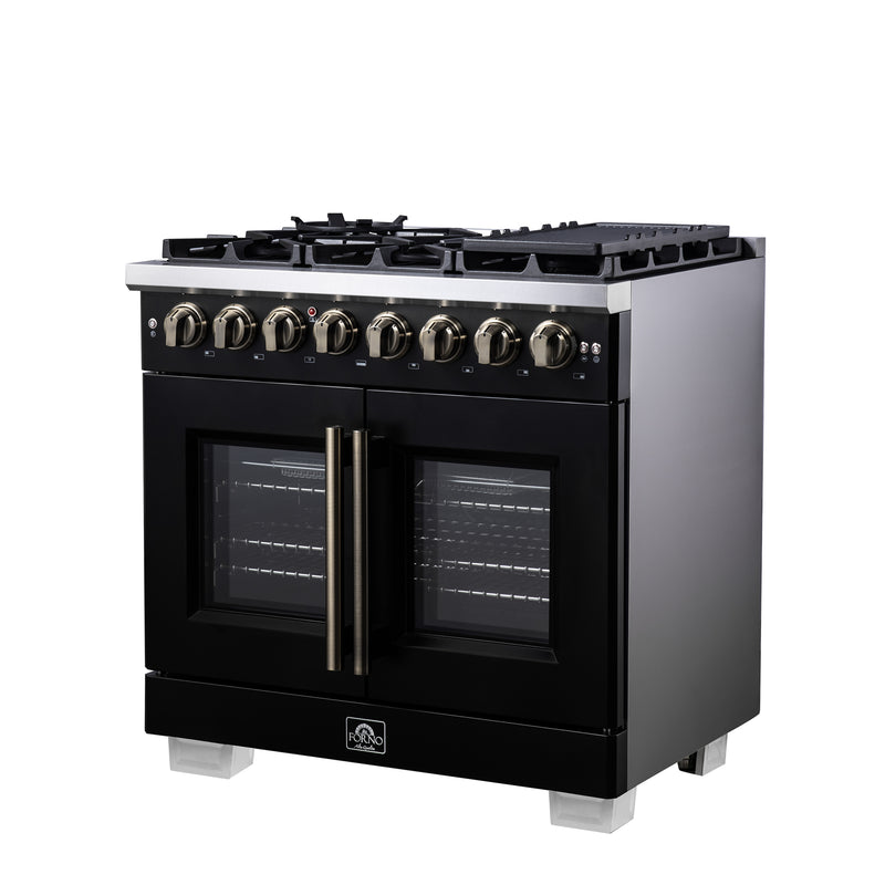 Forno Capriasca 36" 5.36 cu. ft. Dual Fuel Range with 6 Brass Burners, Air Fryer Kit, Rotisserie Kit, Wok Support & Griddle in Black with Antique Brass Handles, FFSGS6387-36BLK