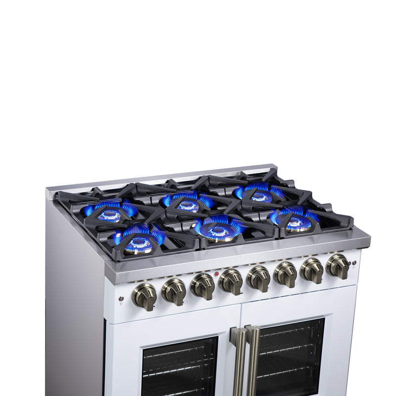 Forno Capriasca 36" 5.36 cu. ft. Dual Fuel Range with 6 Brass Burners, Air Fryer Kit, Rotisserie Kit, Wok Support & Griddle in White with Antique Brass Handles, FFSGS6387-36WHT