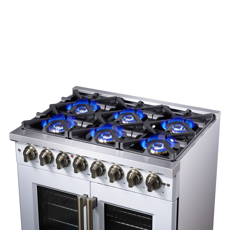 Forno Capriasca 36" 5.36 cu. ft. Dual Fuel Range with 6 Brass Burners, Air Fryer Kit, Rotisserie Kit, Wok Support & Griddle in White with Antique Brass Handles, FFSGS6387-36WHT