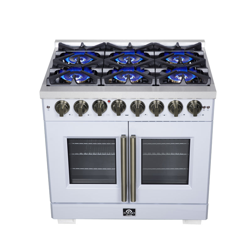 Forno Capriasca 36" 5.36 cu. ft. Dual Fuel Range with 6 Brass Burners, Air Fryer Kit, Rotisserie Kit, Wok Support & Griddle in White with Antique Brass Handles, FFSGS6387-36WHT