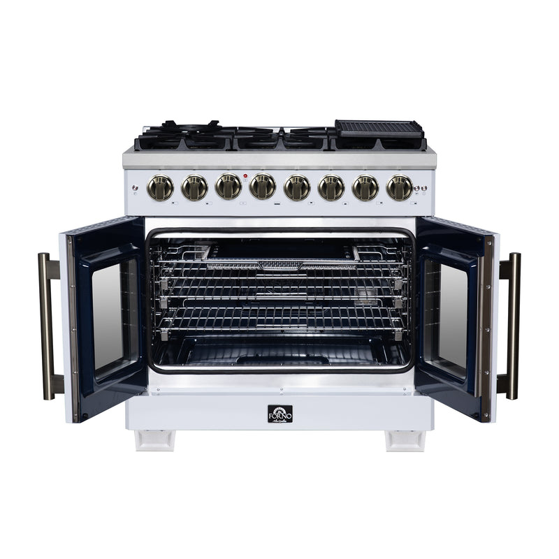 Forno Capriasca 36" 5.36 cu. ft. Dual Fuel Range with 6 Brass Burners, Air Fryer Kit, Rotisserie Kit, Wok Support & Griddle in White with Antique Brass Handles, FFSGS6387-36WHT