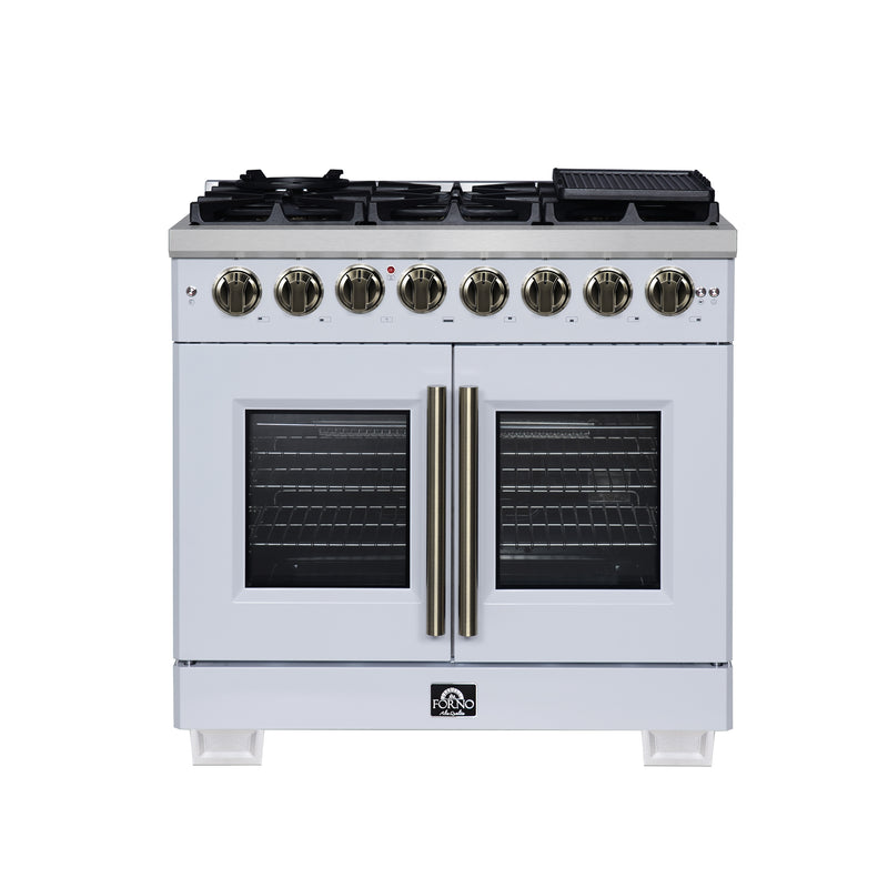Forno Capriasca 36" 5.36 cu. ft. Dual Fuel Range with 6 Brass Burners, Air Fryer Kit, Rotisserie Kit, Wok Support & Griddle in White with Antique Brass Handles, FFSGS6387-36WHT