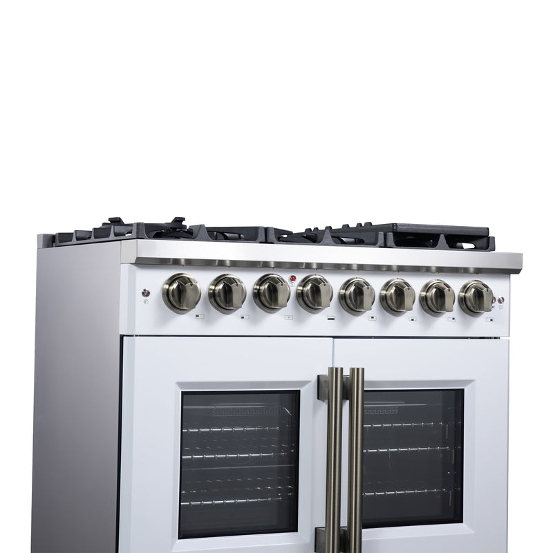 Forno Capriasca 36" 5.36 cu. ft. Dual Fuel Range with 6 Brass Burners, Air Fryer Kit, Rotisserie Kit, Wok Support & Griddle in White with Antique Brass Handles, FFSGS6387-36WHT