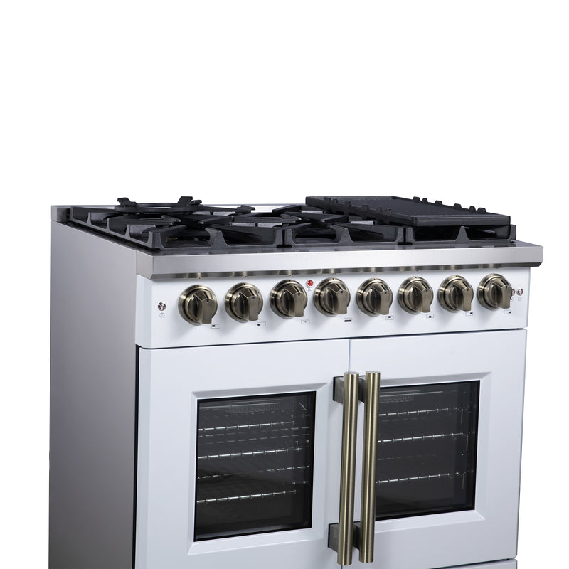 Forno Capriasca 36" 5.36 cu. ft. Dual Fuel Range with 6 Brass Burners, Air Fryer Kit, Rotisserie Kit, Wok Support & Griddle in White with Antique Brass Handles, FFSGS6387-36WHT