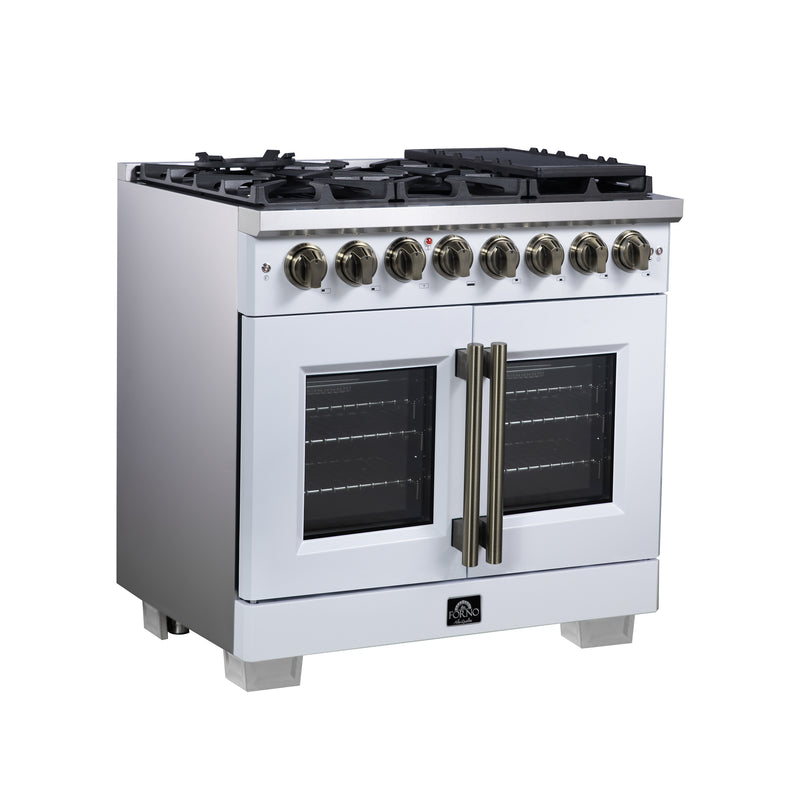 Forno Capriasca 36" 5.36 cu. ft. Dual Fuel Range with 6 Brass Burners, Air Fryer Kit, Rotisserie Kit, Wok Support & Griddle in White with Antique Brass Handles, FFSGS6387-36WHT