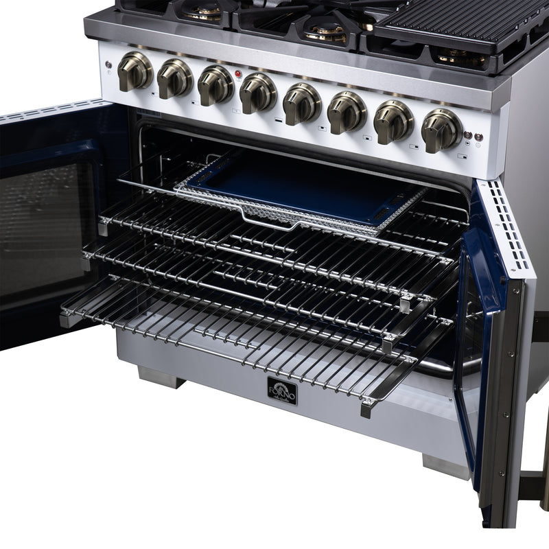 Forno Capriasca 36" 5.36 cu. ft. Dual Fuel Range with 6 Brass Burners, Air Fryer Kit, Rotisserie Kit, Wok Support & Griddle in White with Antique Brass Handles, FFSGS6387-36WHT