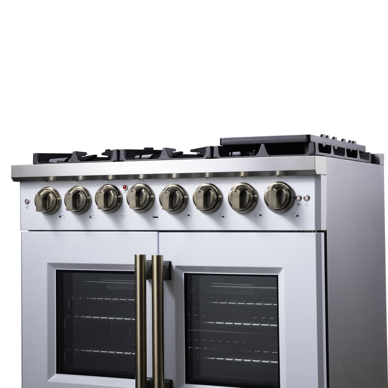 Forno Capriasca 36" 5.36 cu. ft. Dual Fuel Range with 6 Brass Burners, Air Fryer Kit, Rotisserie Kit, Wok Support & Griddle in White with Antique Brass Handles, FFSGS6387-36WHT