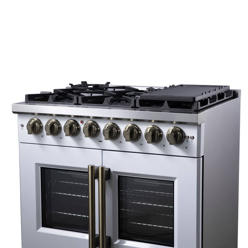 Forno Capriasca 36" 5.36 cu. ft. Dual Fuel Range with 6 Brass Burners, Air Fryer Kit, Rotisserie Kit, Wok Support & Griddle in White with Antique Brass Handles, FFSGS6387-36WHT