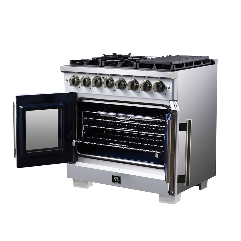 Forno Capriasca 36" 5.36 cu. ft. Dual Fuel Range with 6 Brass Burners, Air Fryer Kit, Rotisserie Kit, Wok Support & Griddle in White with Antique Brass Handles, FFSGS6387-36WHT