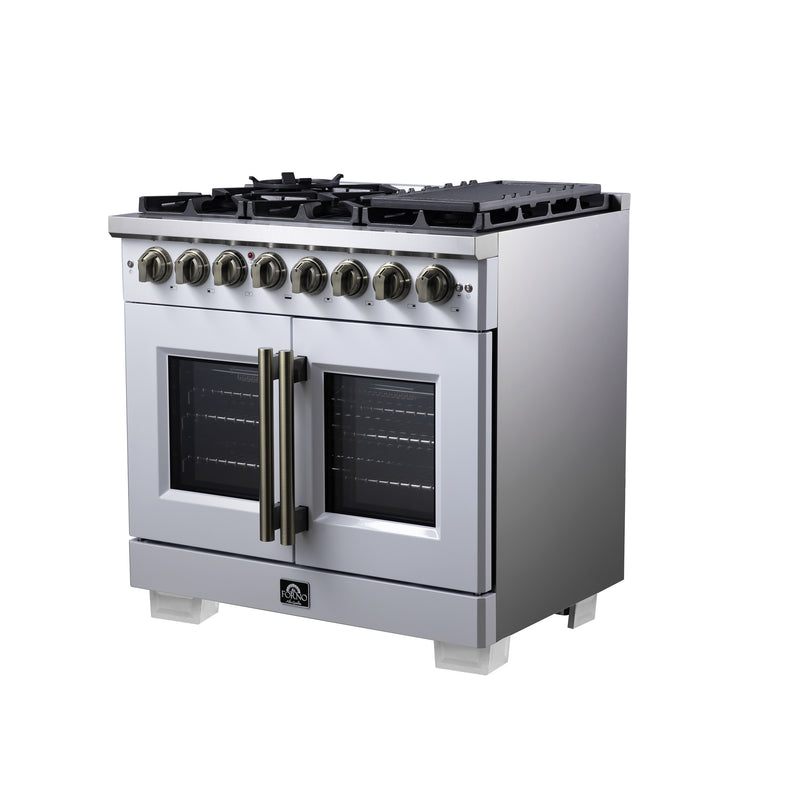 Forno Capriasca 36" 5.36 cu. ft. Dual Fuel Range with 6 Brass Burners, Air Fryer Kit, Rotisserie Kit, Wok Support & Griddle in White with Antique Brass Handles, FFSGS6387-36WHT