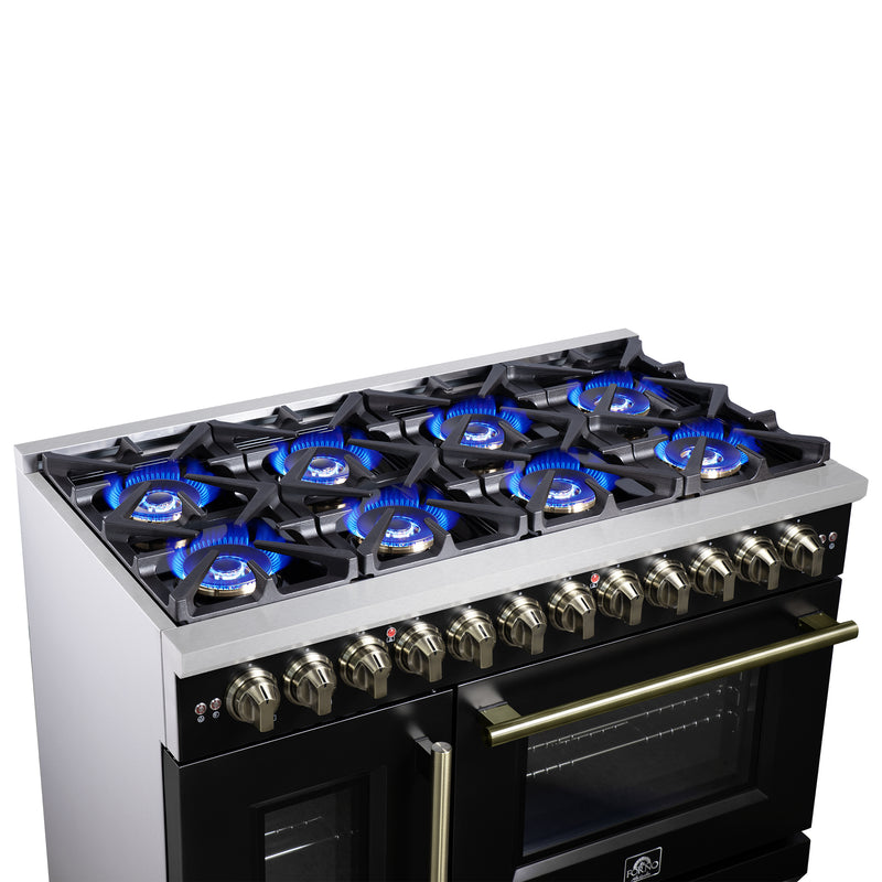 Forno Capriasca 48" 6.58 cu. ft. Dual Fuel Range with 8 Brass Burners, Air Fryer Kit, Rotisserie Kit, Wok Support & Griddle in Black with Antique Brass Handles, FFSGS6387-48BLK