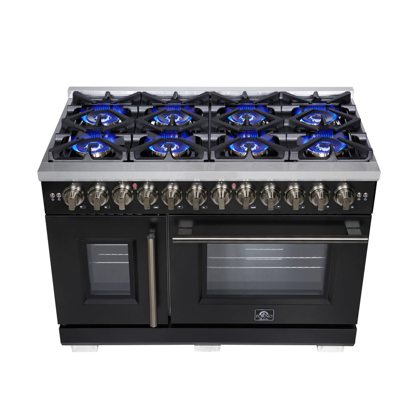 Forno Capriasca 48" 6.58 cu. ft. Dual Fuel Range with 8 Brass Burners, Air Fryer Kit, Rotisserie Kit, Wok Support & Griddle in Black with Antique Brass Handles, FFSGS6387-48BLK