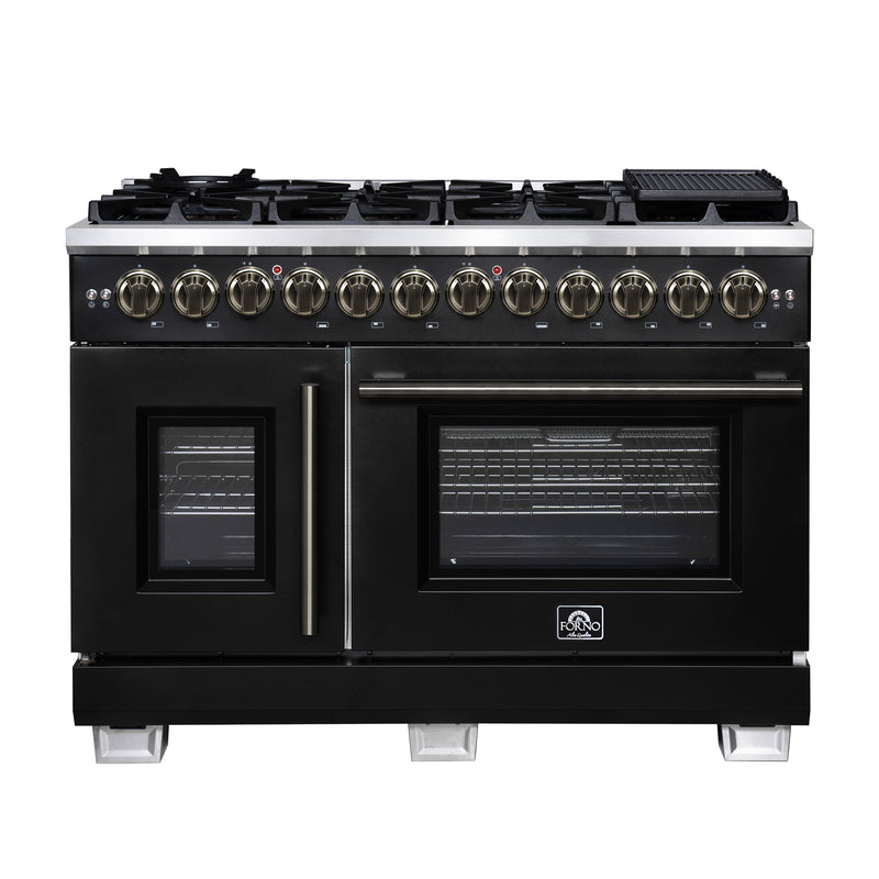 Forno Capriasca 48" 6.58 cu. ft. Dual Fuel Range with 8 Brass Burners, Air Fryer Kit, Rotisserie Kit, Wok Support & Griddle in Black with Antique Brass Handles, FFSGS6387-48BLK