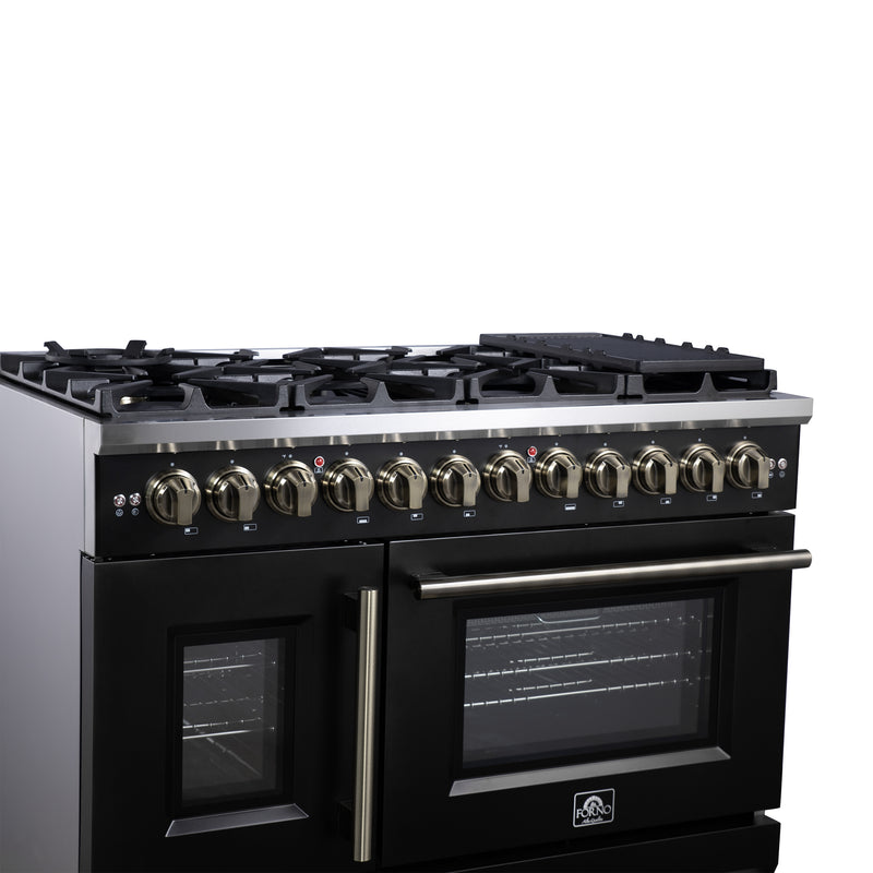 Forno Capriasca 48" 6.58 cu. ft. Dual Fuel Range with 8 Brass Burners, Air Fryer Kit, Rotisserie Kit, Wok Support & Griddle in Black with Antique Brass Handles, FFSGS6387-48BLK