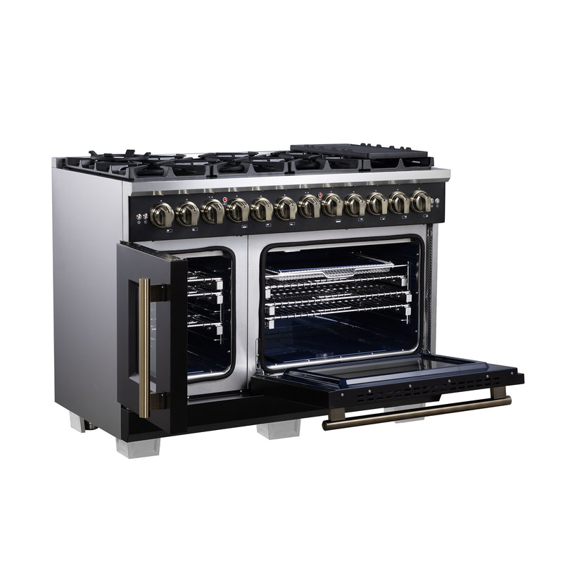 Forno Capriasca 48" 6.58 cu. ft. Dual Fuel Range with 8 Brass Burners, Air Fryer Kit, Rotisserie Kit, Wok Support & Griddle in Black with Antique Brass Handles, FFSGS6387-48BLK