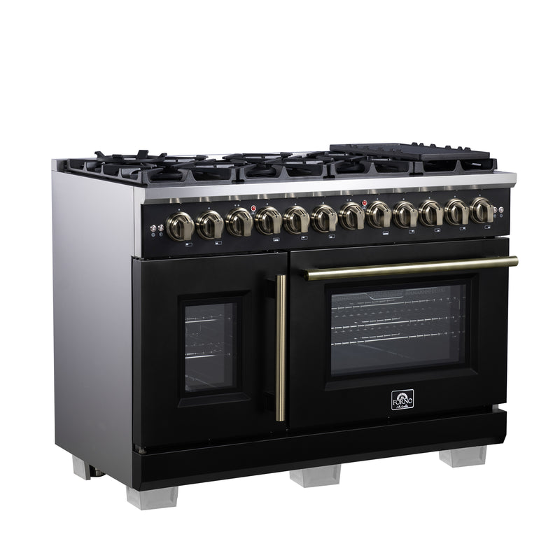 Forno Capriasca 48" 6.58 cu. ft. Dual Fuel Range with 8 Brass Burners, Air Fryer Kit, Rotisserie Kit, Wok Support & Griddle in Black with Antique Brass Handles, FFSGS6387-48BLK