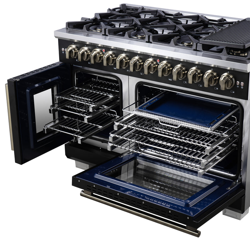 Forno Capriasca 48" 6.58 cu. ft. Dual Fuel Range with 8 Brass Burners, Air Fryer Kit, Rotisserie Kit, Wok Support & Griddle in Black with Antique Brass Handles, FFSGS6387-48BLK