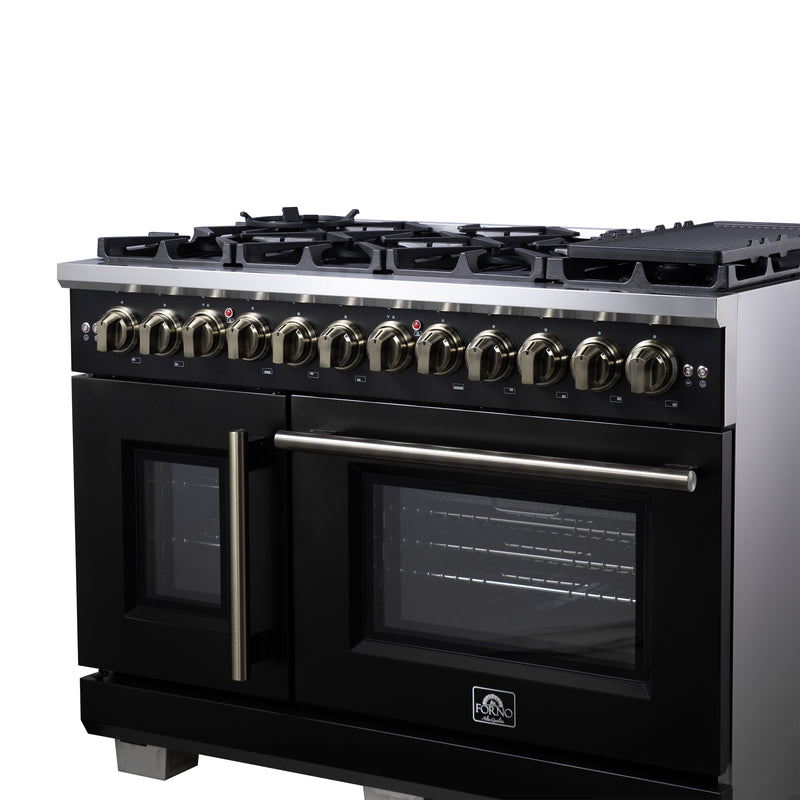 Forno Capriasca 48" 6.58 cu. ft. Dual Fuel Range with 8 Brass Burners, Air Fryer Kit, Rotisserie Kit, Wok Support & Griddle in Black with Antique Brass Handles, FFSGS6387-48BLK