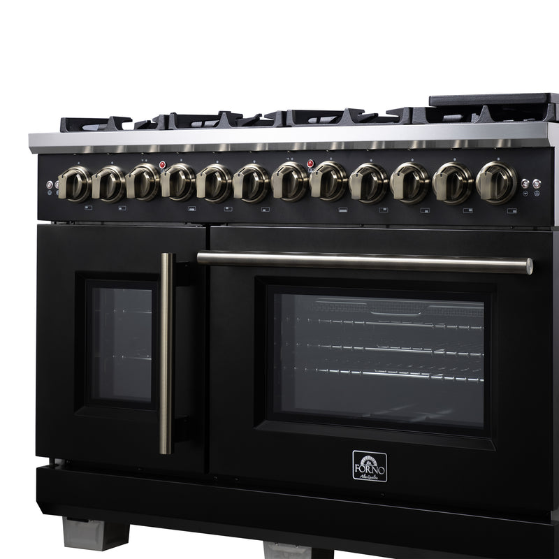 Forno Capriasca 48" 6.58 cu. ft. Dual Fuel Range with 8 Brass Burners, Air Fryer Kit, Rotisserie Kit, Wok Support & Griddle in Black with Antique Brass Handles, FFSGS6387-48BLK