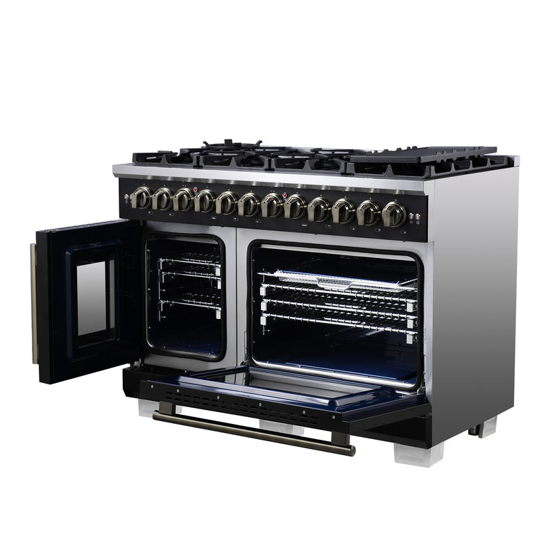 Forno Capriasca 48" 6.58 cu. ft. Dual Fuel Range with 8 Brass Burners, Air Fryer Kit, Rotisserie Kit, Wok Support & Griddle in Black with Antique Brass Handles, FFSGS6387-48BLK