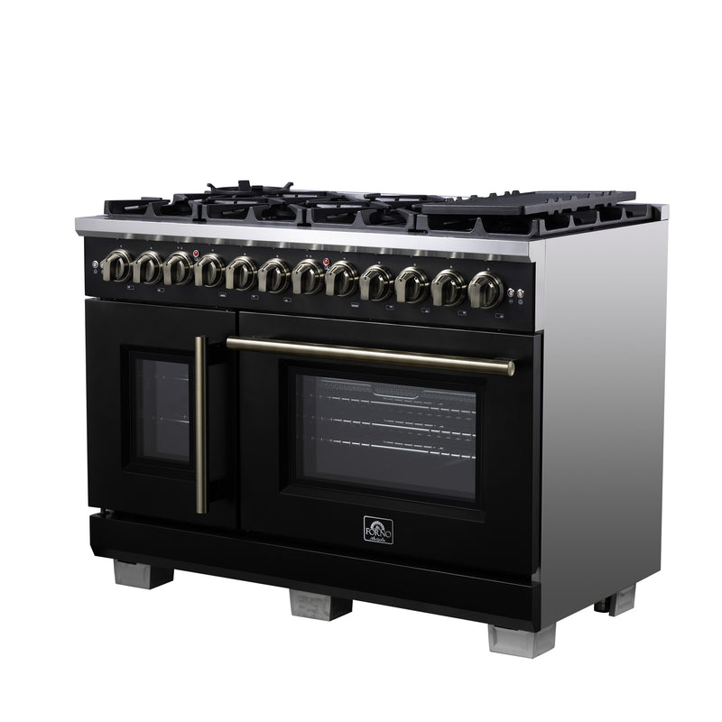 Forno Capriasca 48" 6.58 cu. ft. Dual Fuel Range with 8 Brass Burners, Air Fryer Kit, Rotisserie Kit, Wok Support & Griddle in Black with Antique Brass Handles, FFSGS6387-48BLK