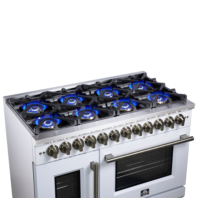 Forno Capriasca 48" 6.58 cu. ft. Dual Fuel Range with 8 Brass Burners, Air Fryer Kit, Rotisserie Kit, Wok Support & Griddle in White with Antique Brass Handles, FFSGS6387-48WHT