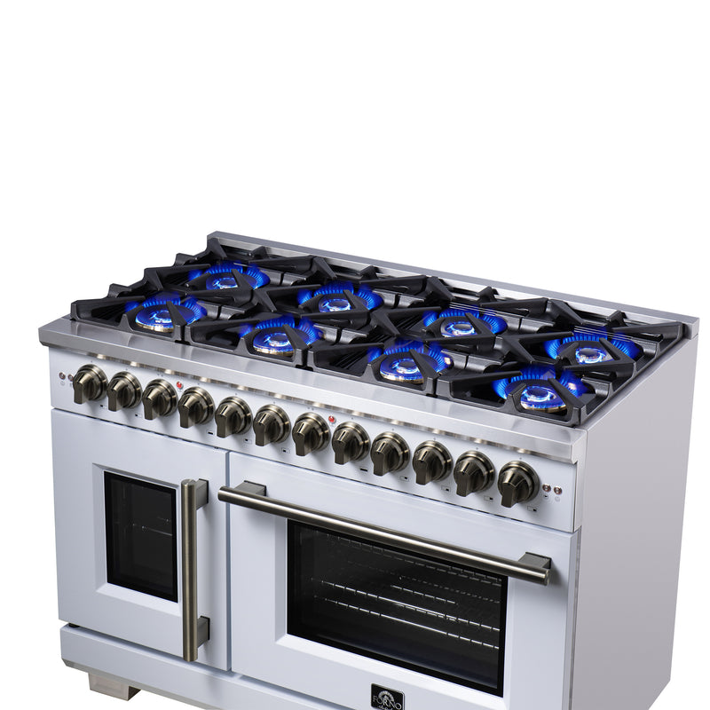 Forno Capriasca 48" 6.58 cu. ft. Dual Fuel Range with 8 Brass Burners, Air Fryer Kit, Rotisserie Kit, Wok Support & Griddle in White with Antique Brass Handles, FFSGS6387-48WHT