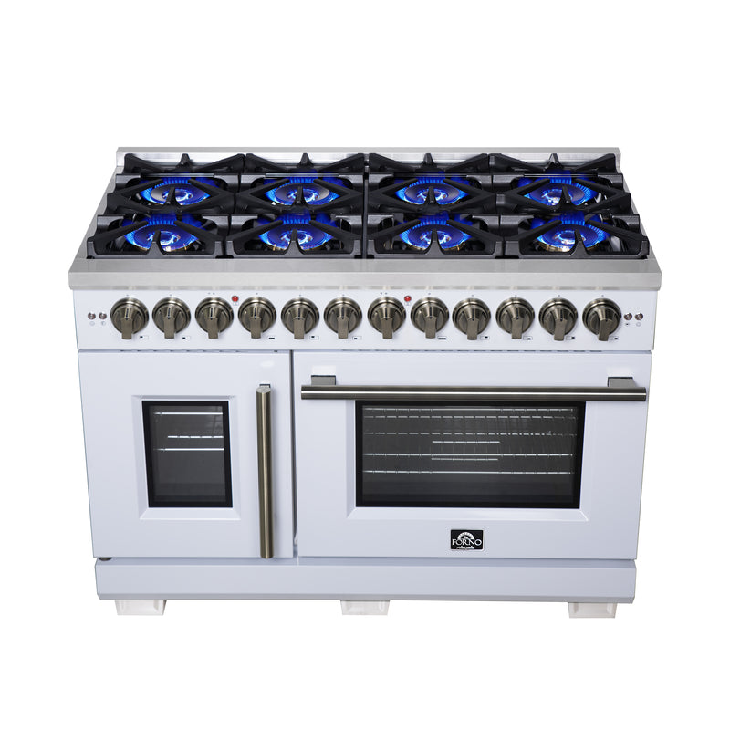 Forno Capriasca 48" 6.58 cu. ft. Dual Fuel Range with 8 Brass Burners, Air Fryer Kit, Rotisserie Kit, Wok Support & Griddle in White with Antique Brass Handles, FFSGS6387-48WHT